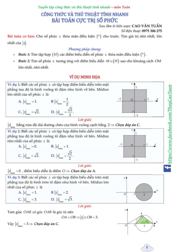 Công thức và thủ thuật tính nhanh bài toán cực trị số phức – Cao Văn Tuấn