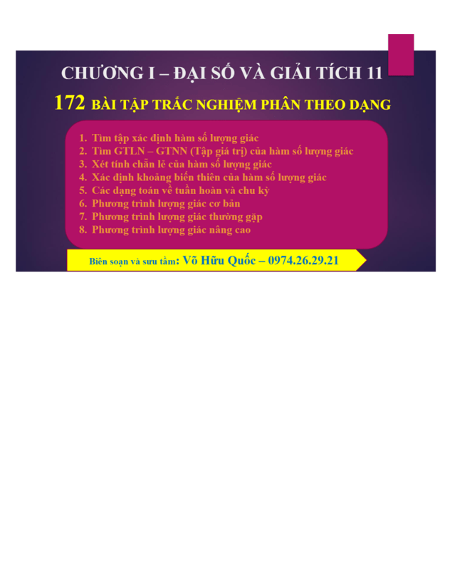 172 bài tập trắc nghiệm hàm số lượng giác và phương trình lượng giác – Võ Hữu Quốc